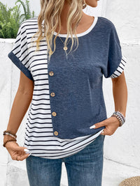 Thumbnail for Decorative Button Striped Round Neck Short Sleeve Top - T - 1 COLOR -