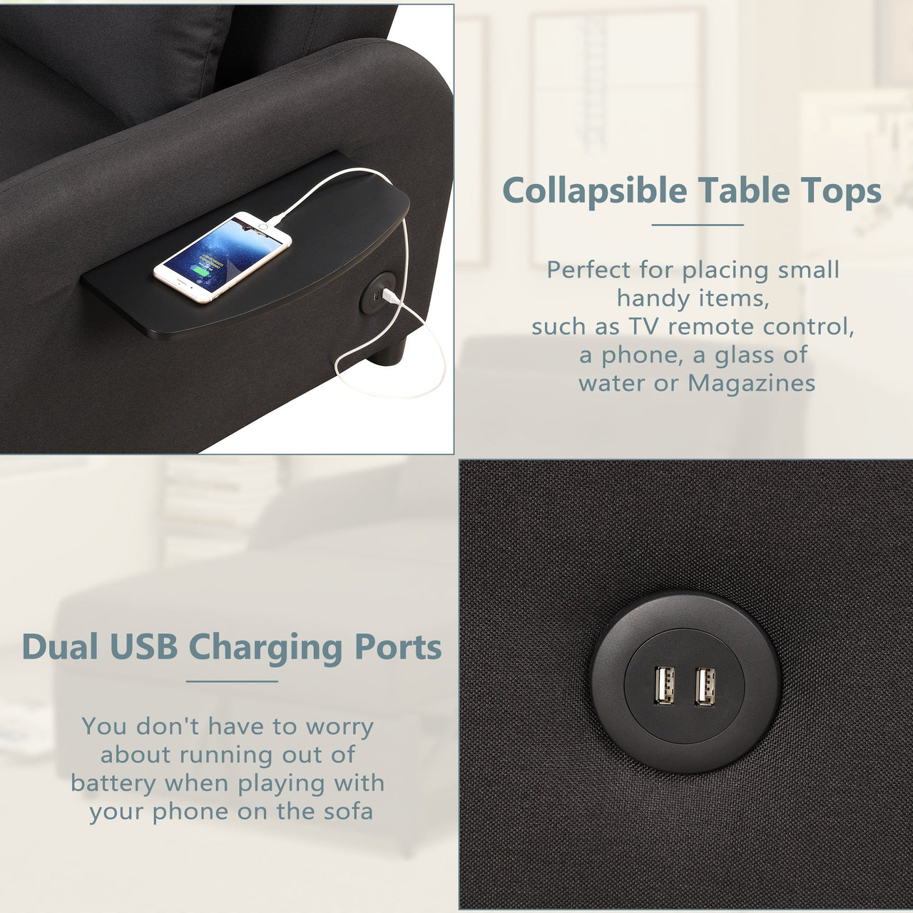 Pull Out Sofa Sleeper 3 in 1 With 2 Wing Table and Usb Charge for Nap Line Fabric for Living Room Recreation Room Black