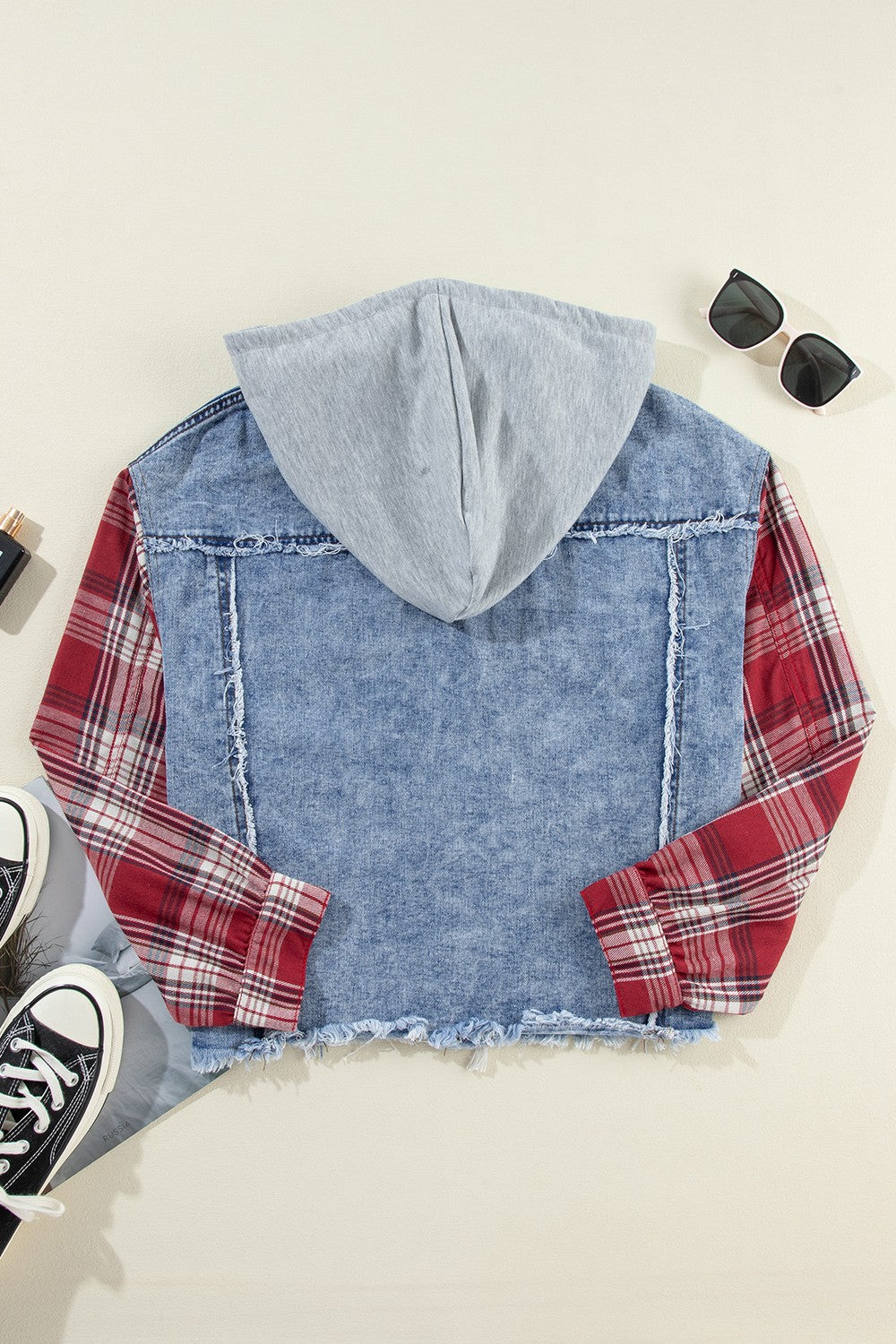 Raw Hem Drawstring Plaid Denim Jacket - T - 1 COLOR -