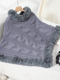 Thumbnail for Fuzzy Hem Cable-Knit Poncho - 1 SIZE - T - 6 COLORS -