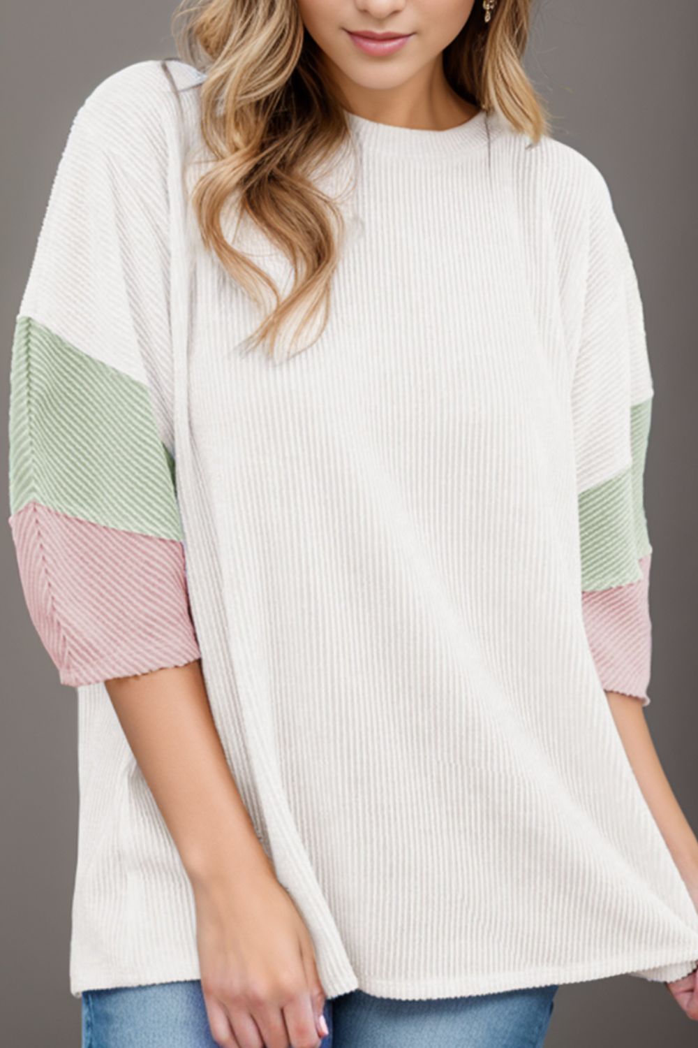 Color Block Round Neck Dropped Shoulder Blouse - T - 1 COLOR -