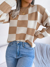 Thumbnail for Checkered Mock Neck Long Sleeve Sweater - T - 4 COLORS -