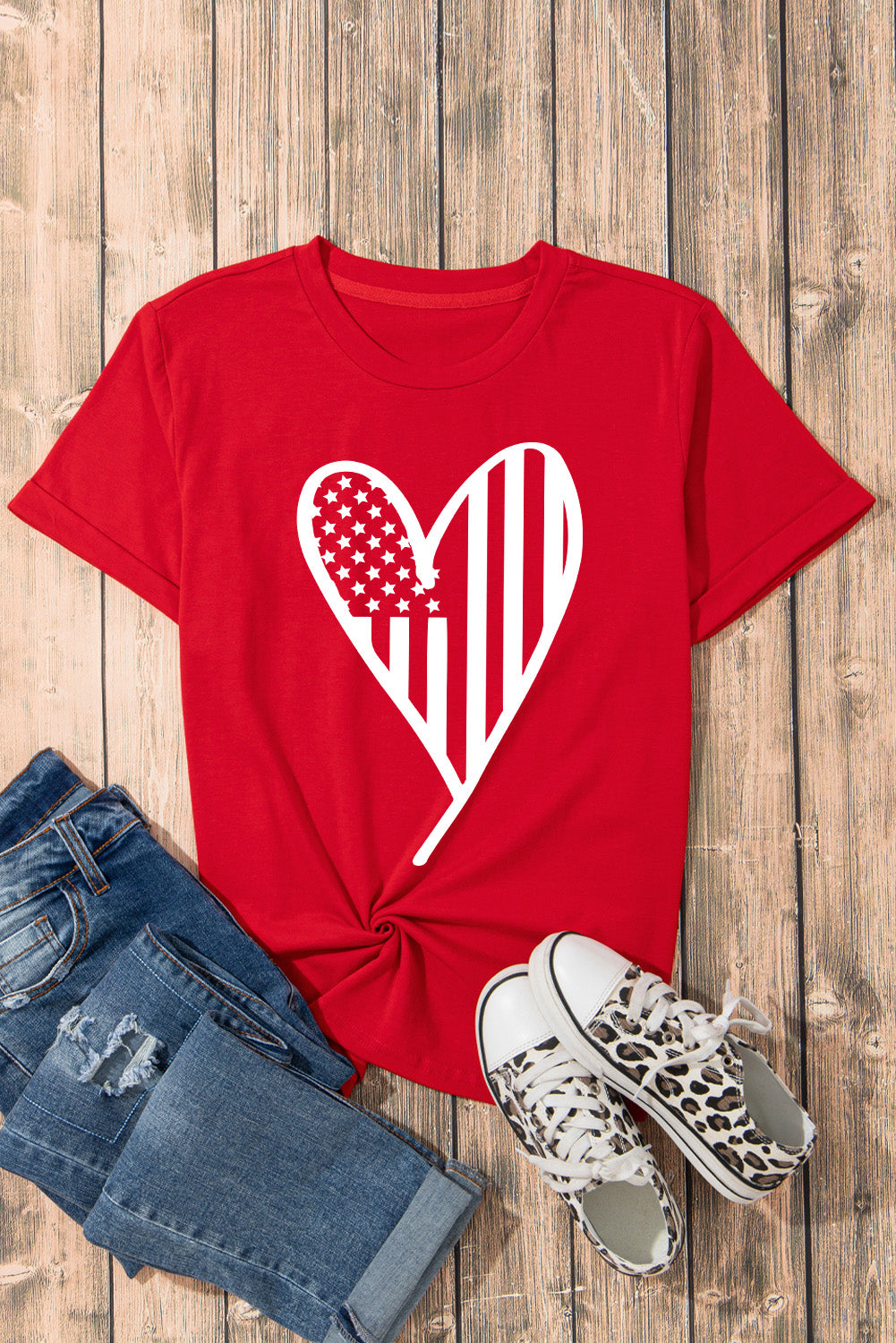 Heart Round Neck Short Sleeve T-Shirt - T - 1 COLOR -