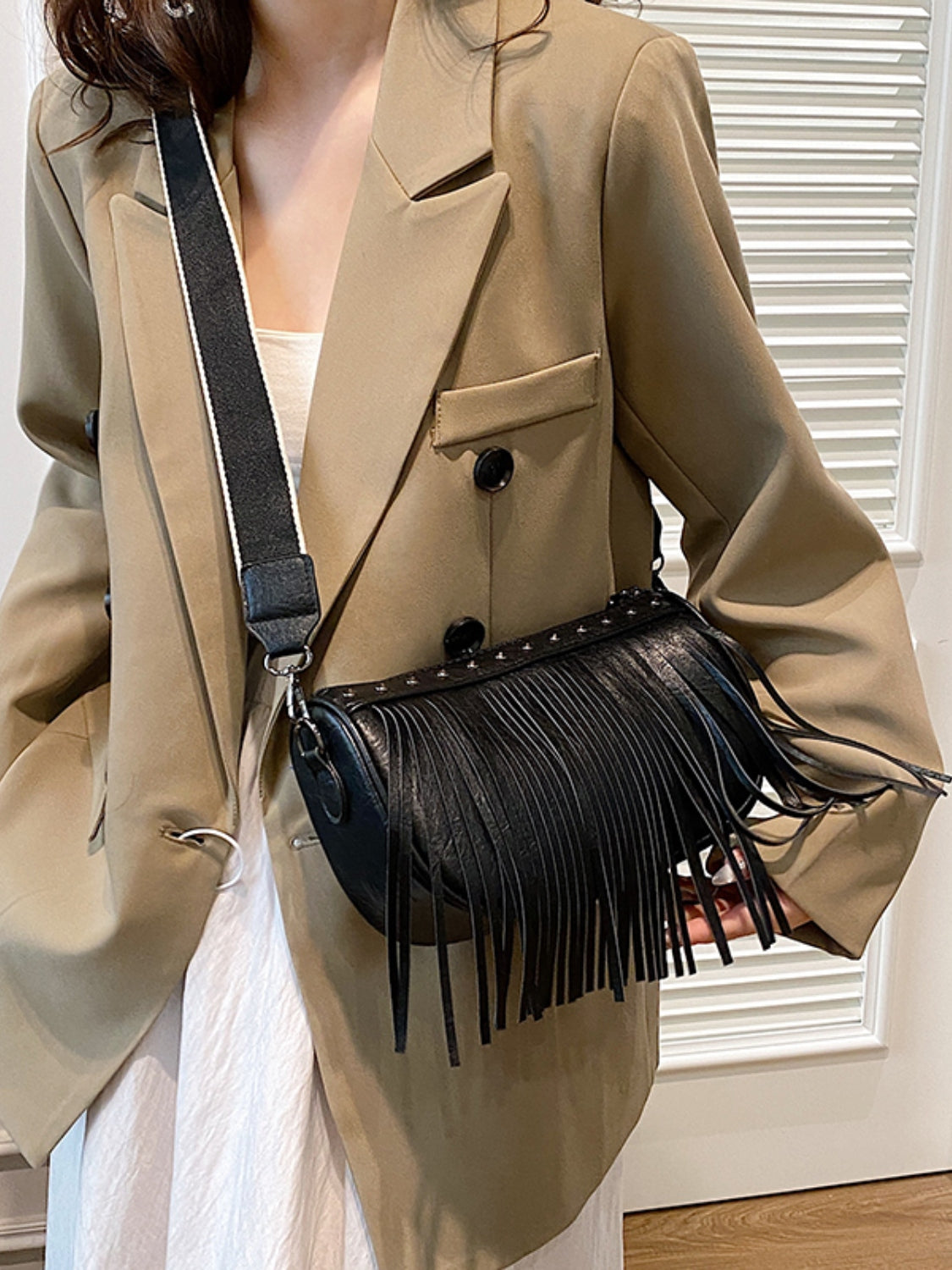 Faux Leather Fringe Studded Crossbody Bag - T - 3 COLORS -