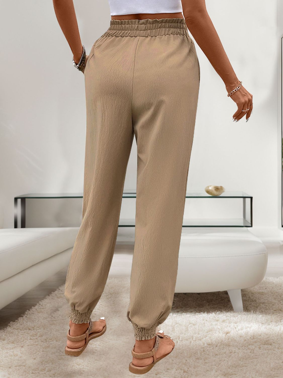 Tied Elastic Waist Pants with Pockets - T - 1 COLOR -