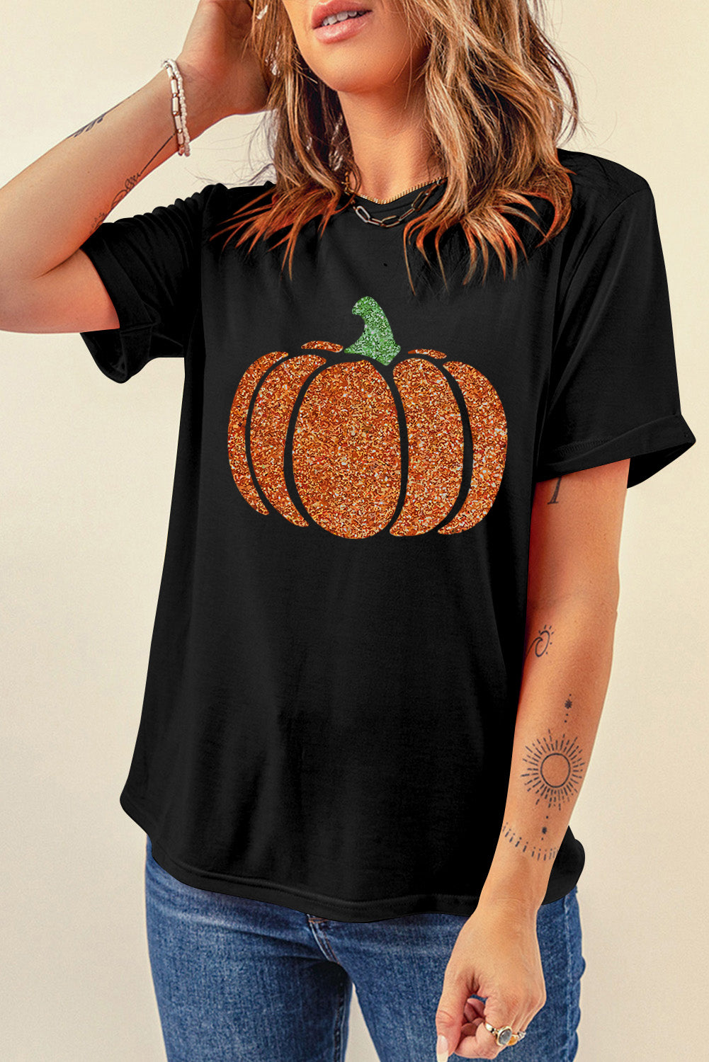 Glitter Pumpkin Round Neck Short Sleeve T-Shirt - T - 1 COLOR -