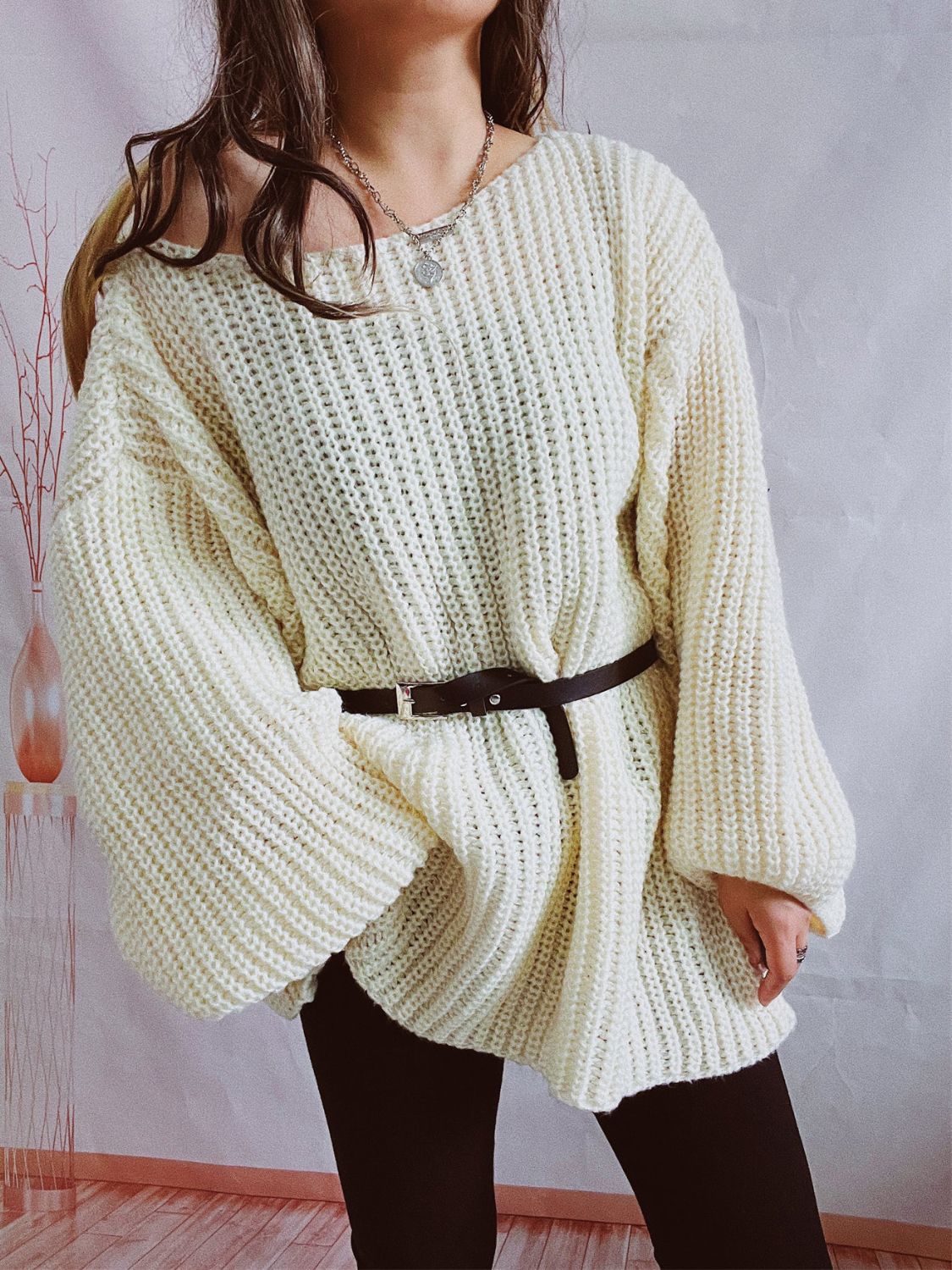 Boat Neck Long Sleeve Sweater with Belt - 2 PCS. - 1 LARGE OVERSIZE - T - 5 COLORS -