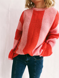 Thumbnail for Color Block Round Neck Long Sleeve Sweater - T - 2 COLORS -