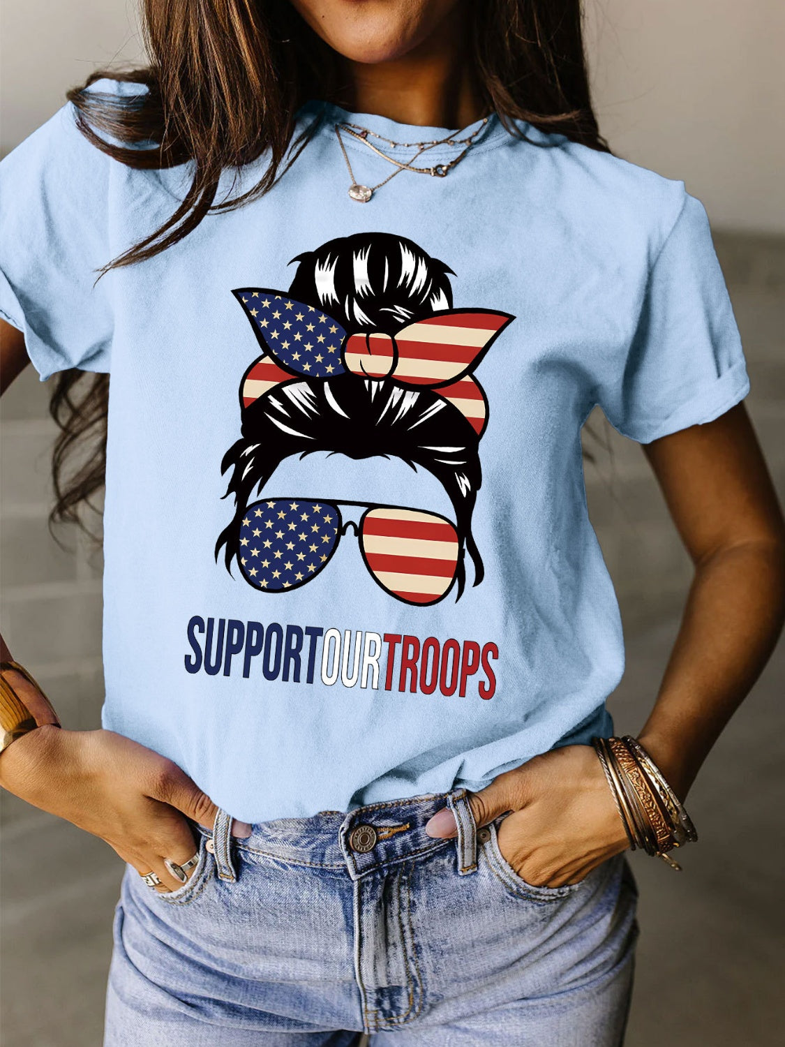 Support Our Troops Full Size Graphic Round Neck Short Sleeve T-Shirt - T - 9 COLORS -