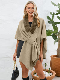 Thumbnail for Fuzzy Trim Open Front Poncho - ONE SIZE - T - 6 COLORS -