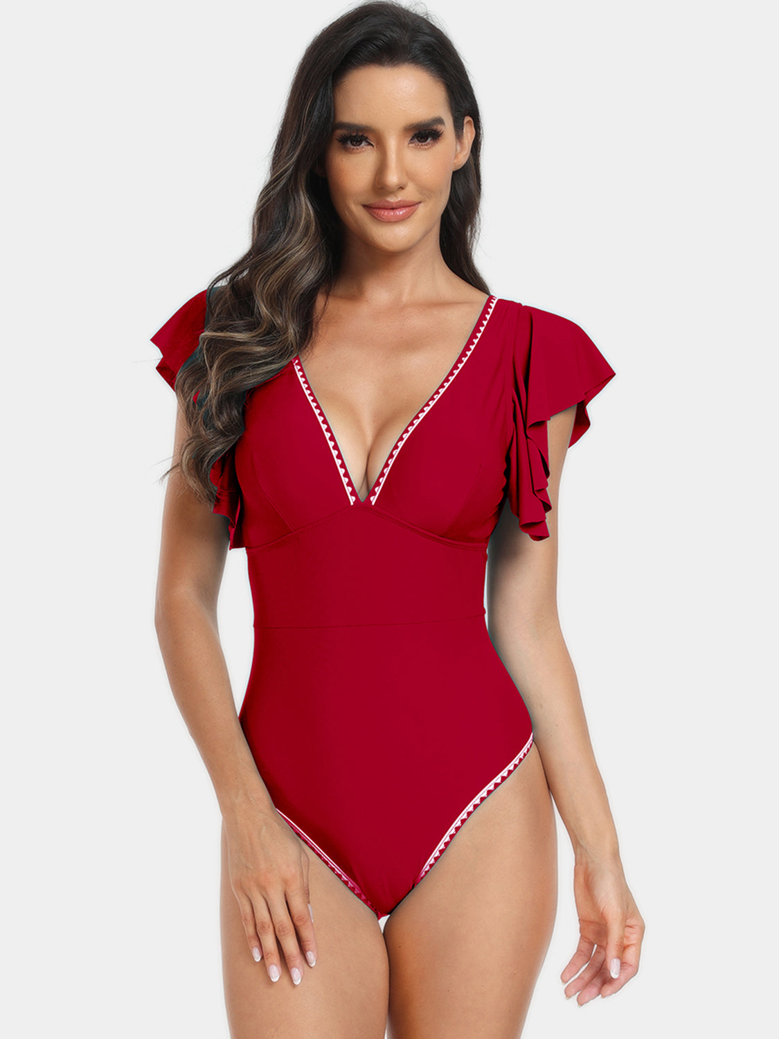 Plunge Cap Sleeve One-Piece Swimwear - T - 6 COLORS -