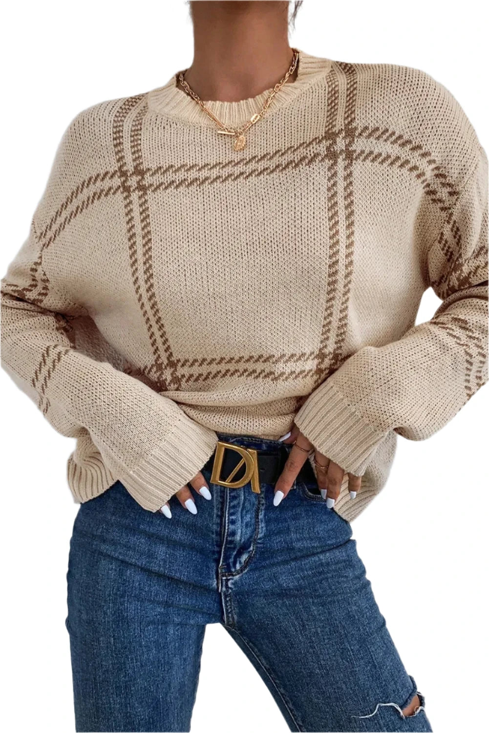 Plaid Round Neck Dropped Shoulder Sweater - T - 1 COLOR -