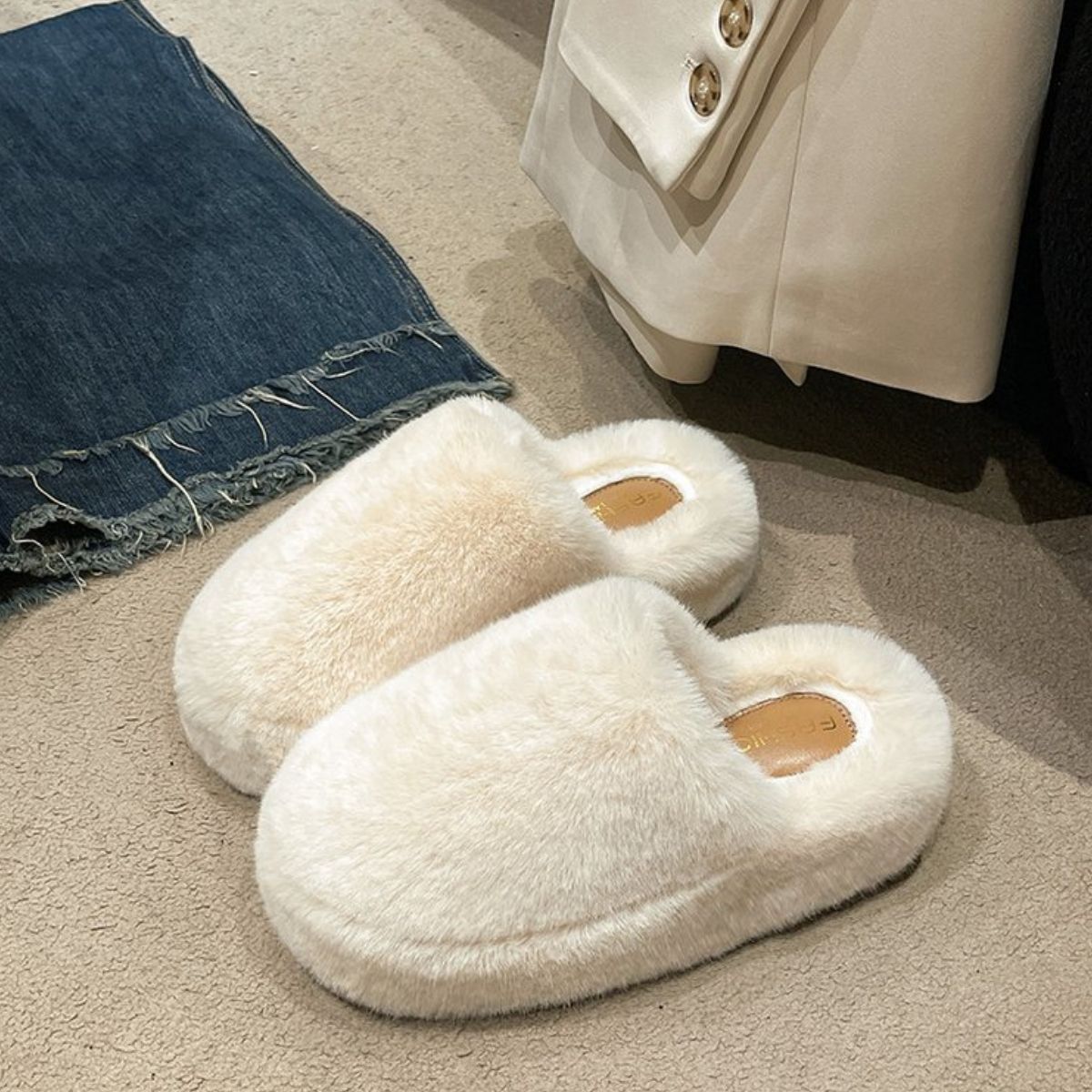 Fuzzy Round Toe Flat Slippers - T - 4 COLORS -