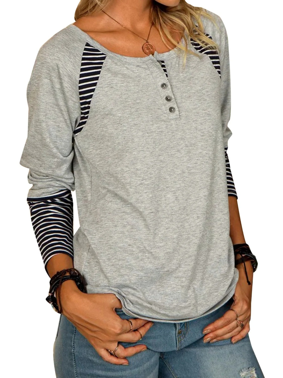 Full Size Striped Quarter Button Long Sleeve T-Shirt - T - 6 COLORS -