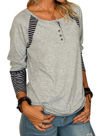 Thumbnail for Full Size Striped Quarter Button Long Sleeve T-Shirt - T - 6 COLORS -