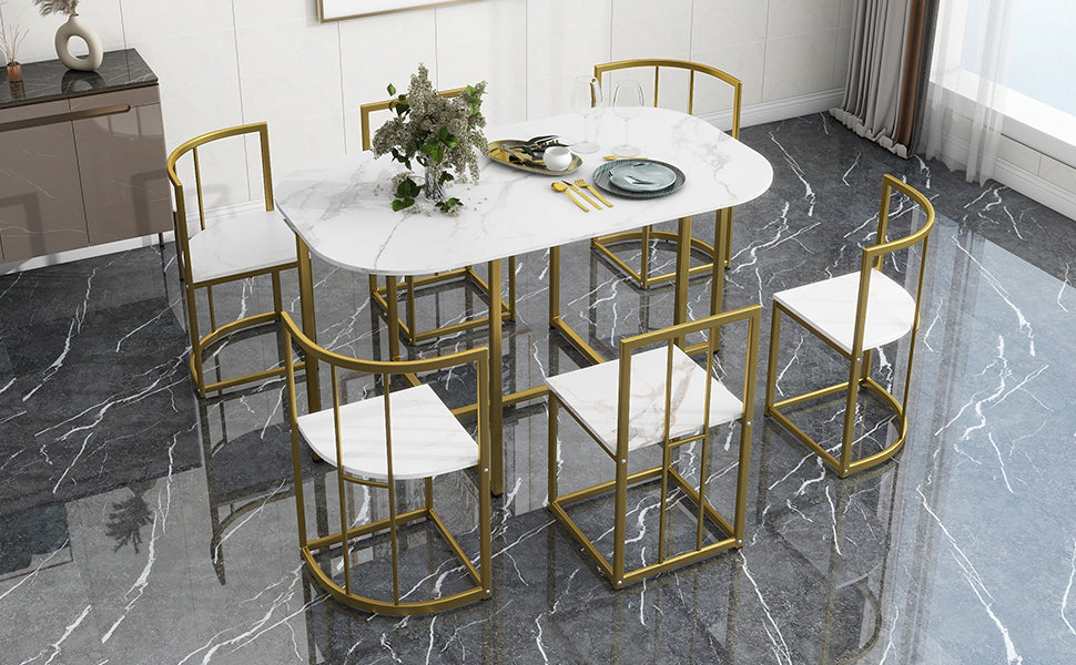 Modern 7-Piece Dining Table Set With Faux Marble Compact 55Inch Kitchen Table Set for 6, Golden+White