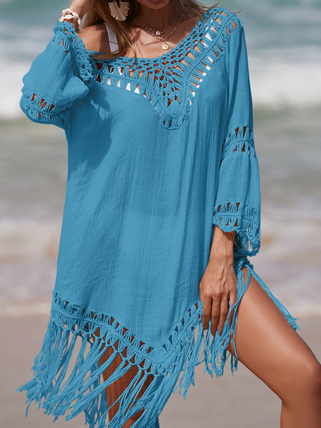 Cutout Fringe Scoop Neck Cover-Up - 1 SIZE FITS ALL - T - 5 COLORS -