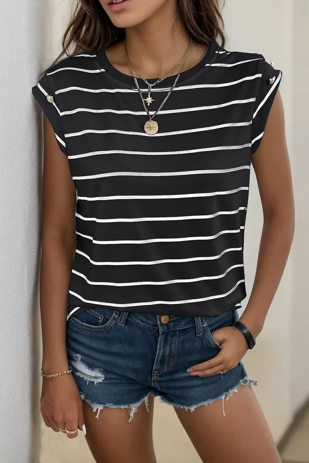 Decorative Button Round Neck T-Shirt - T - 1 COLOR -