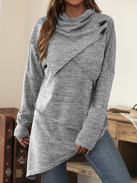 Thumbnail for Asymmetrical Hem Cowl Neck Long Sleeve T-Shirt - T - 5 COLORS -