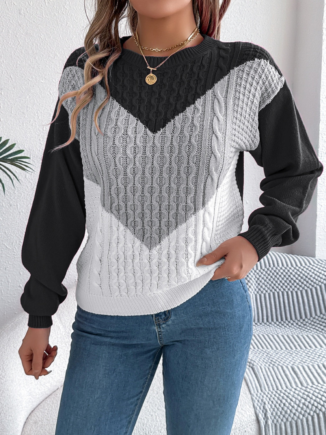 Contrast Round Neck Long Sleeve Sweater - T - 3 COLORS -