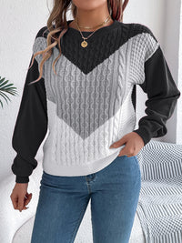 Thumbnail for Contrast Round Neck Long Sleeve Sweater - T - 3 COLORS -