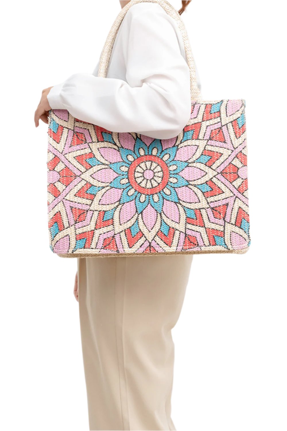 Flower Straw Weave Tote Bag - T - 2 COLORS -