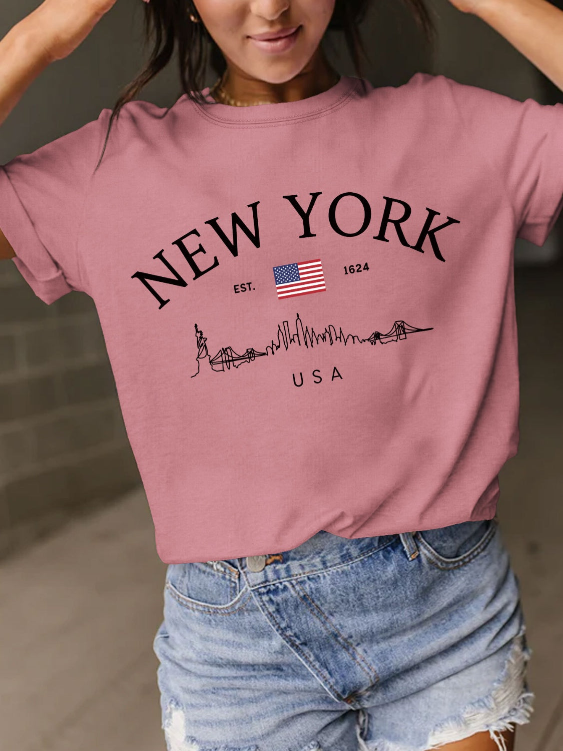 New York Skyline Letter Graphic Round Neck Short Sleeve T-Shirt - 10 COLORS -