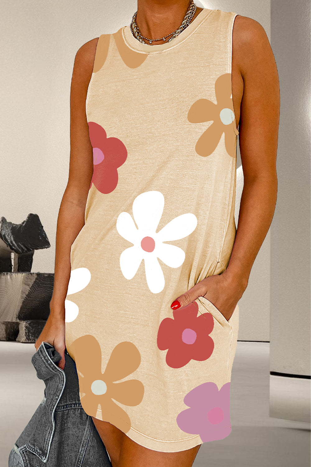 Pocketed Printed Round Neck Tank Dress - T - 1 COLOR -