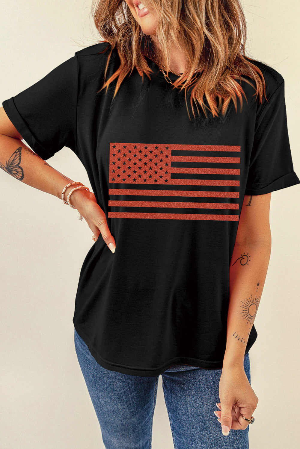 US Flag Round Neck Short Sleeve T-Shirt- T - 1 COLOR -