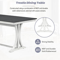 Thumbnail for Mid-Century 6-Piece Trestle Table Set With Victorian Round Upholstered Dining Chairs and Long Bench, Gray+Antique White