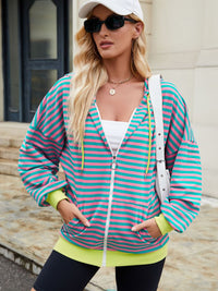 Thumbnail for Drawstring Striped Zip Up Long Sleeve Hoodie - T - 4 COLORS -