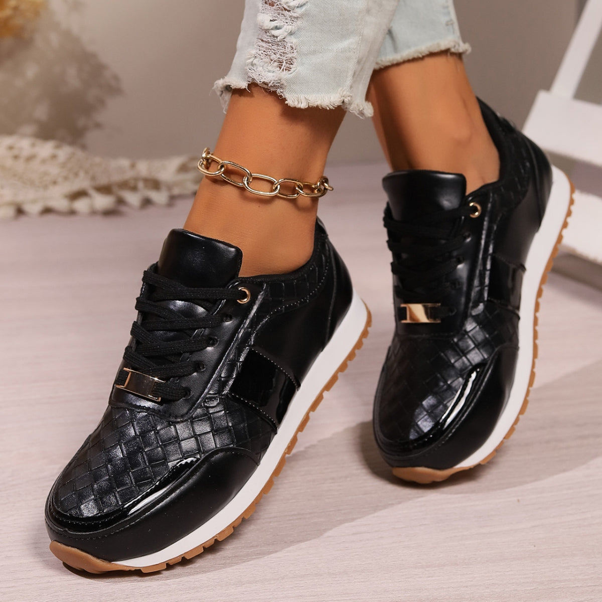 Lace-Up PU Leather Sneakers - T - 3 COLORS -