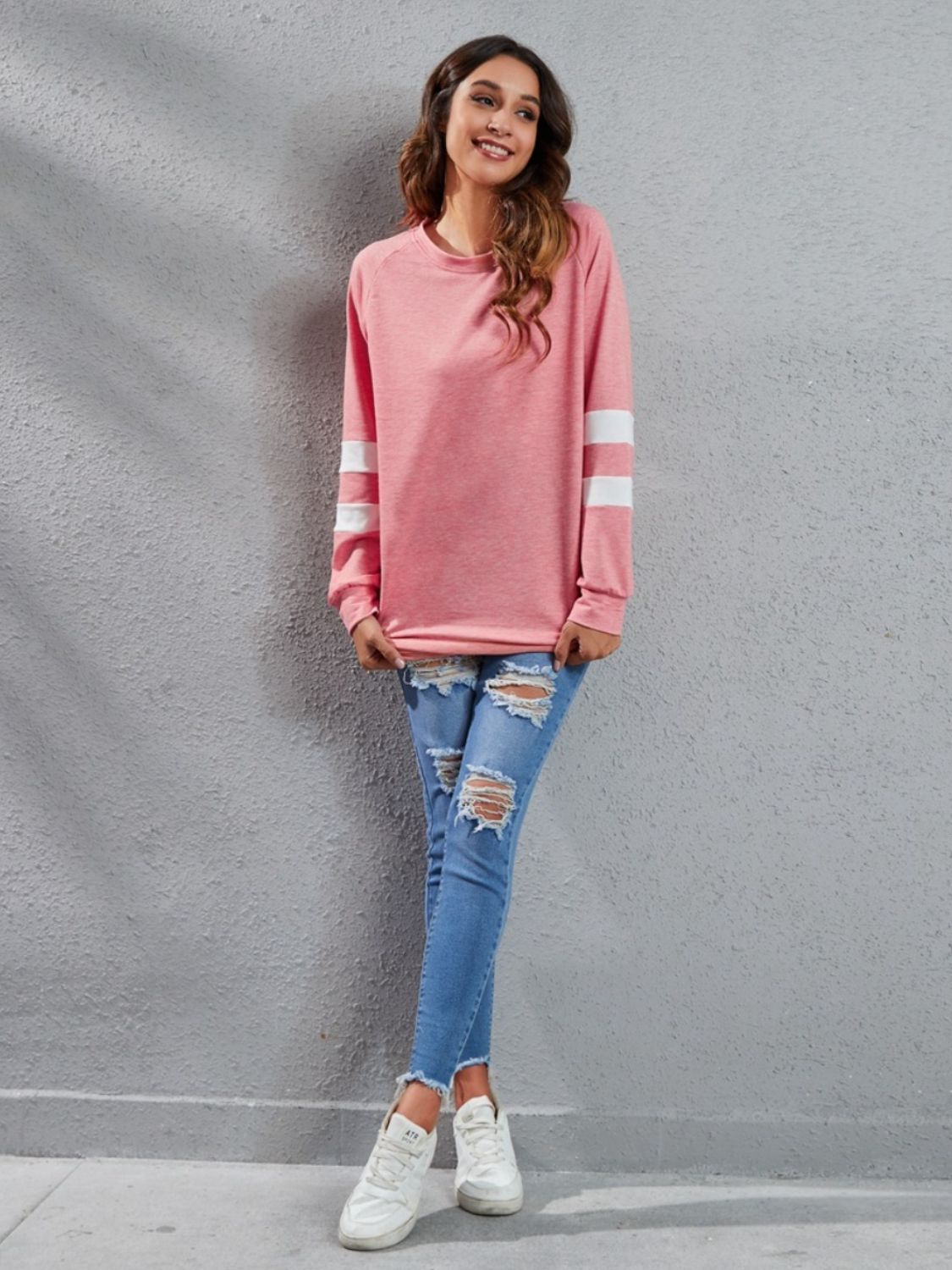 Full Size Striped Round Neck Long Sleeve T-Shirt - T - 1 COLOR -