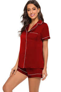 Thumbnail for Printed Button Up Short Sleeve Top and Shorts Lounge Set - 2 PCS. - T - 10 COLORS -