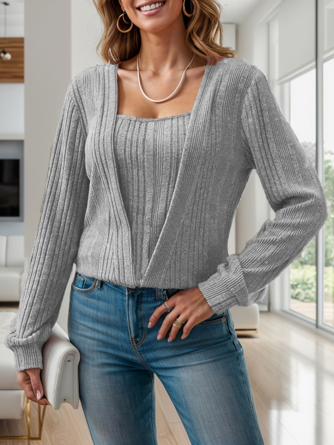 Square Neck Long Sleeve T-Shirt - T - 3 COLORS -