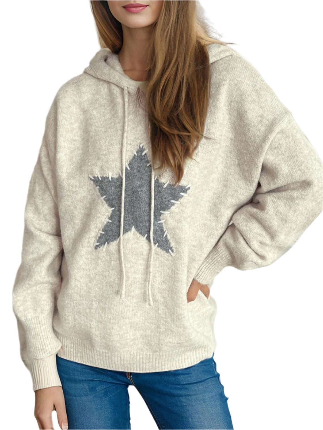 Drawstring Oversized Star Long Sleeve Hooded Sweater - 1 OVERSIZE - T - 2 COLORS -