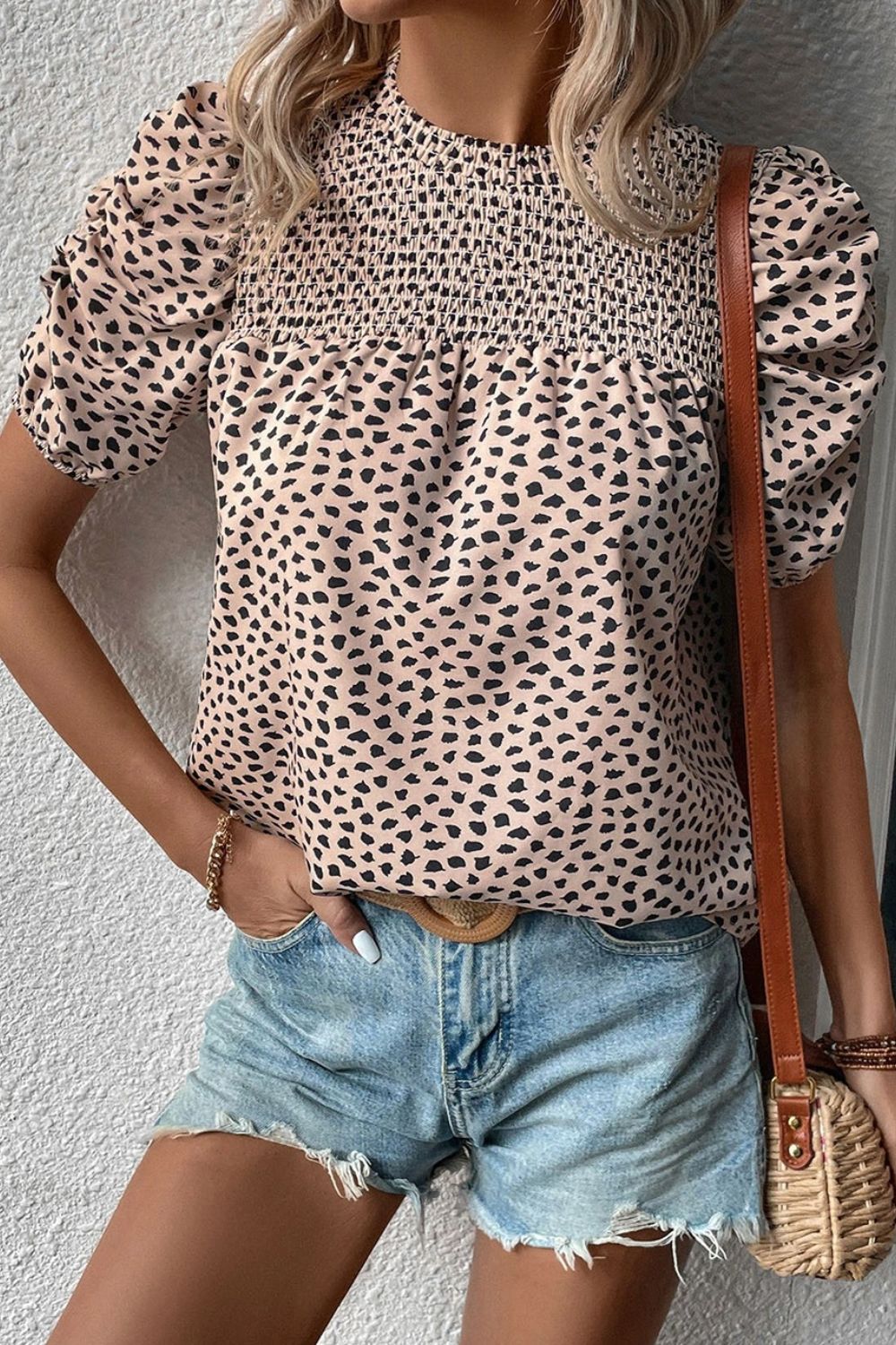 Smocked Animal Print Puff Sleeve Blouse - T - 1 COLOR -