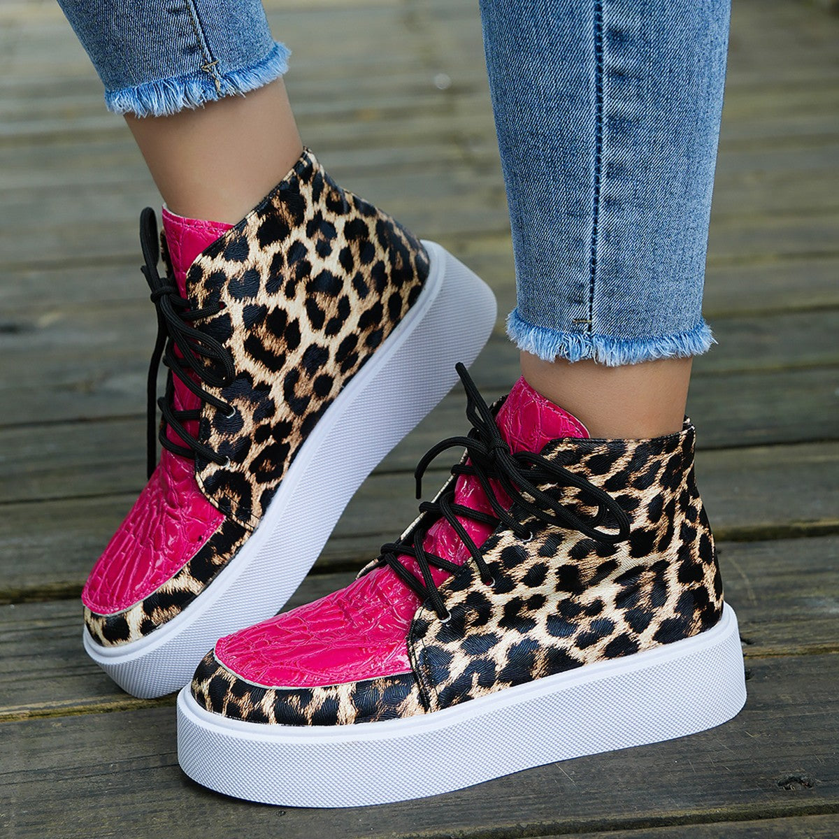 Faux Leather Leopard Platform Sneakers - T - 2 COLORS -