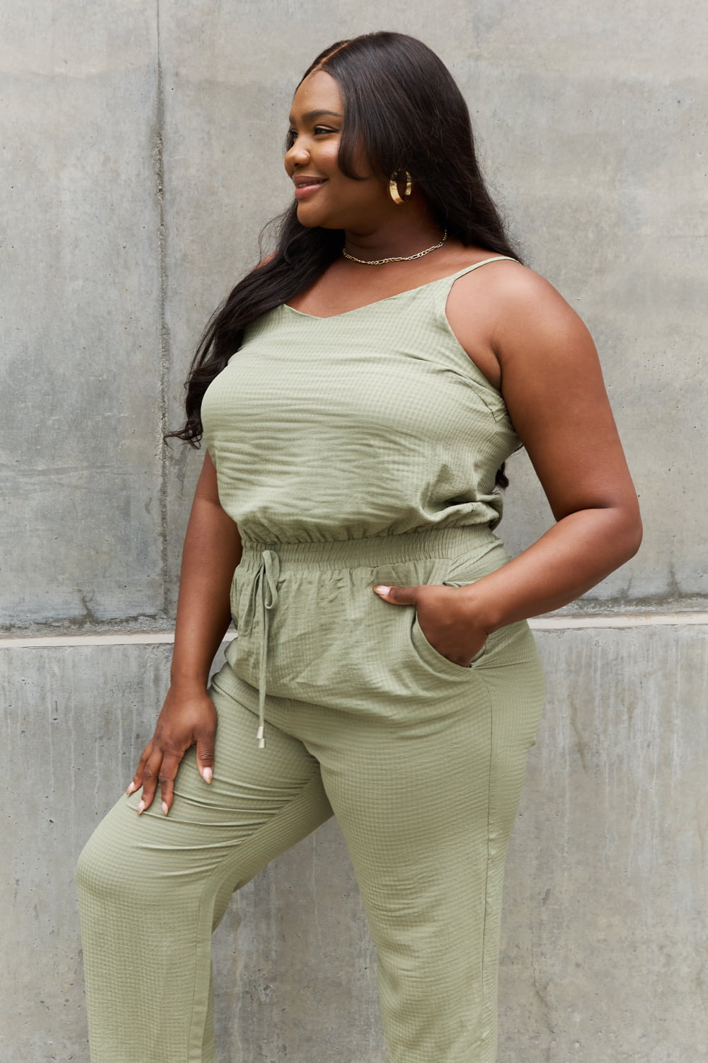 ODDI Full Size Textured Woven Jumpsuit in Sage - SIZES S THRU 3XL - 2 PCS. - T - 1 COLOR -