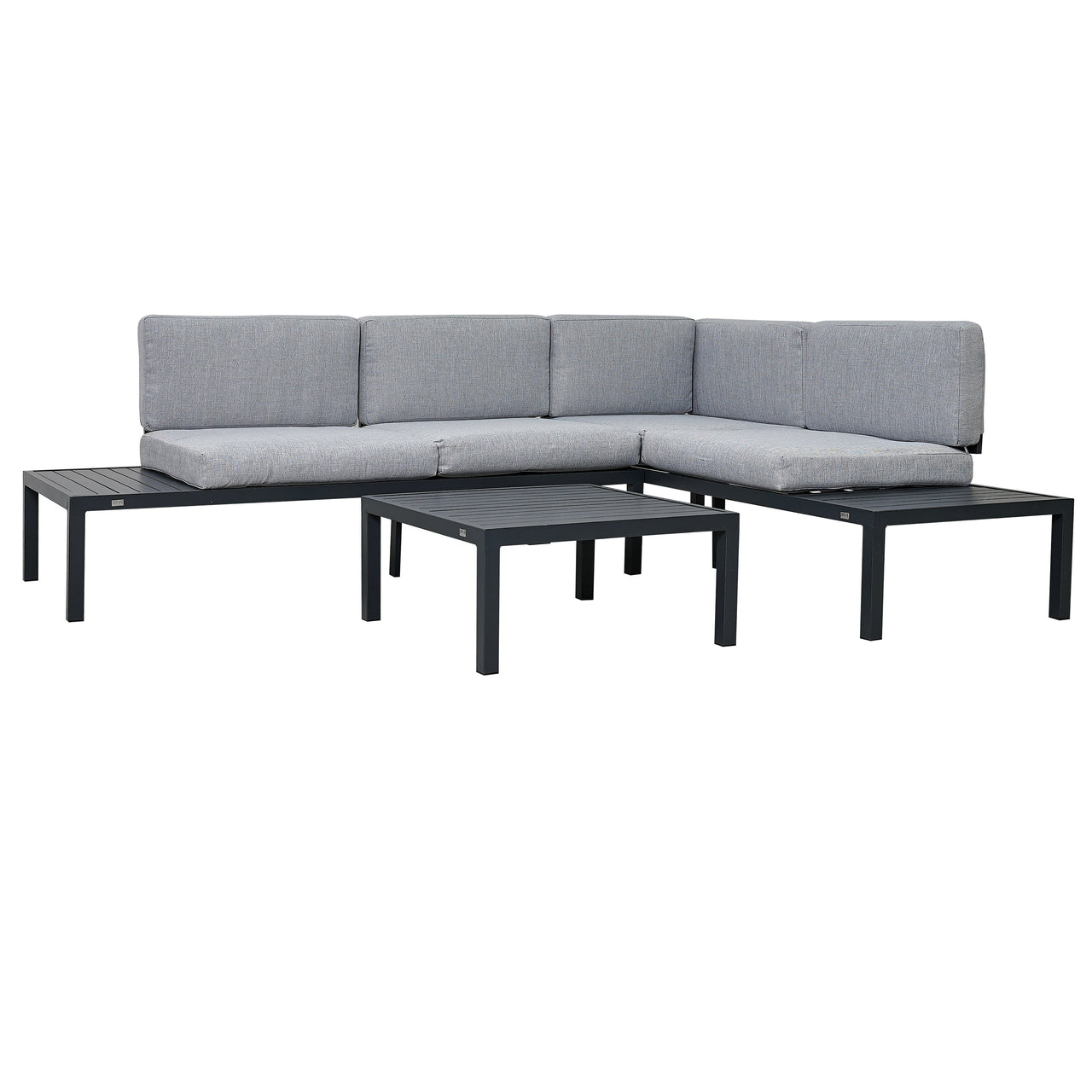 Outdoor 3-Piece Aluminum Alloy Sectional Sofa Set With End Table and Coffee Table,Black Frame+Gray Cushion