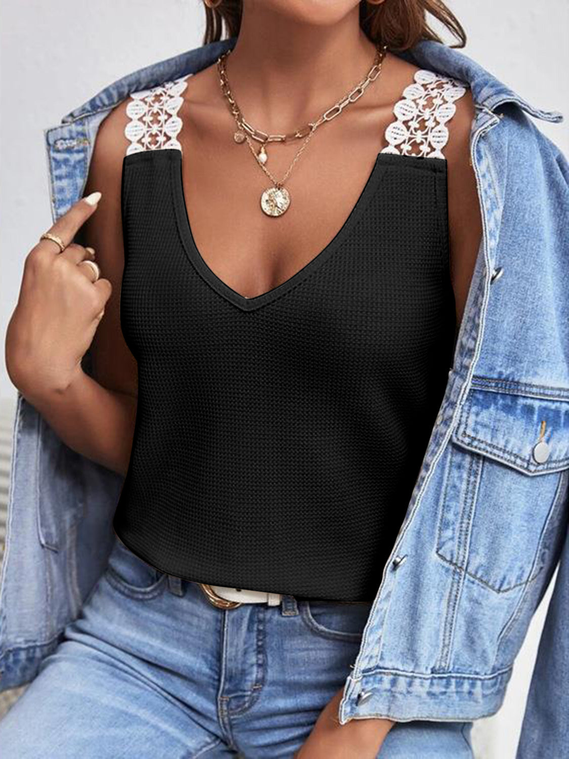 Full Size Lace Detail V-Neck Tank - T - 5 COLORS -