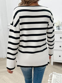 Thumbnail for Striped V-Neck Long Sleeve Knit Top - T - 4 COLORS -