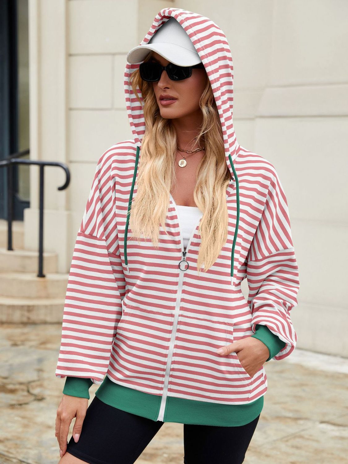 Drawstring Striped Zip Up Long Sleeve Hoodie - T - 4 COLORS -