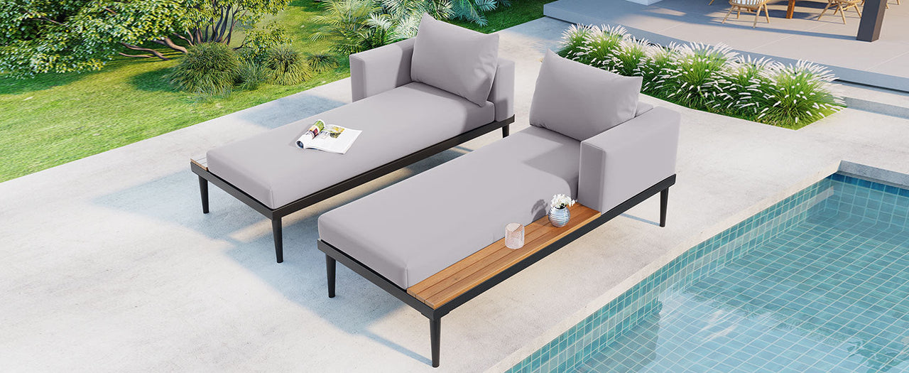 Modern Outdoor Daybed Patio Metal Daybed With Wood Topped Side Spaces for Drinks, 2 in 1 Padded Chaise Lounges for Pools