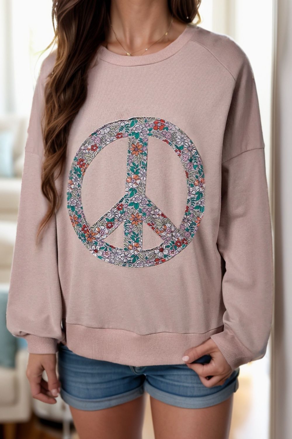 Peace Sign Applique Long Sleeve Sweatshirt - T - 1 COLOR -