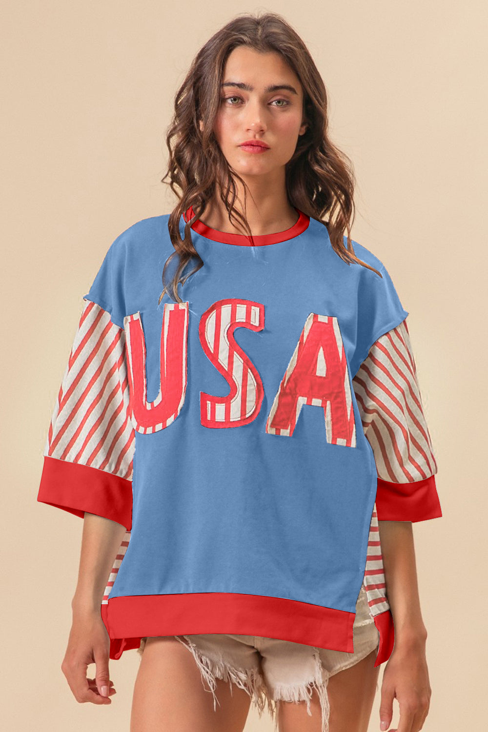 BiBi USA Letter Patchwork Contrast Short Sleeve T-Shirt - T - 1 COLOR -