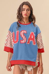 Thumbnail for BiBi USA Letter Patchwork Contrast Short Sleeve T-Shirt - T - 1 COLOR -