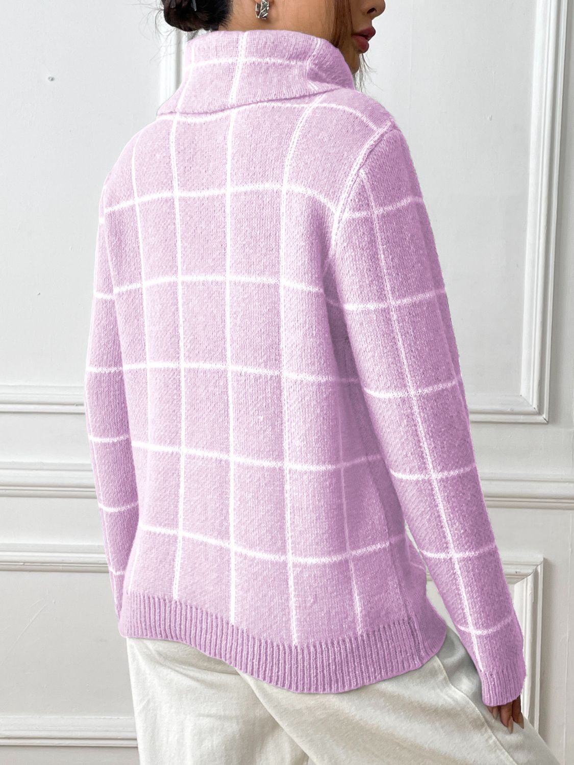 Plaid Turtleneck Long Sleeve Sweater - T - 3 COLORS -