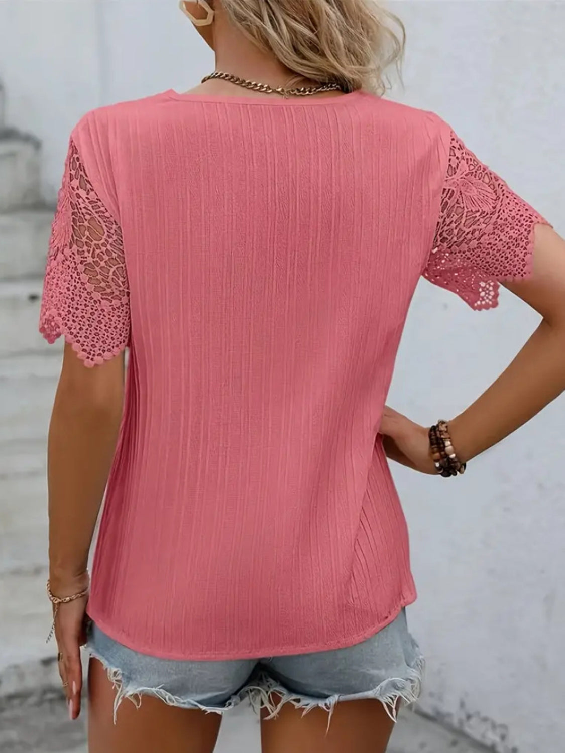 Lace Detail V-Neck Short Sleeve Blouse - T - 4 COLORS -