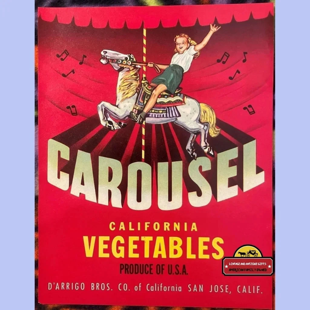 Vintage 1950s Carousel Crate Label, San Jose, CA, Child, Merry Go Round